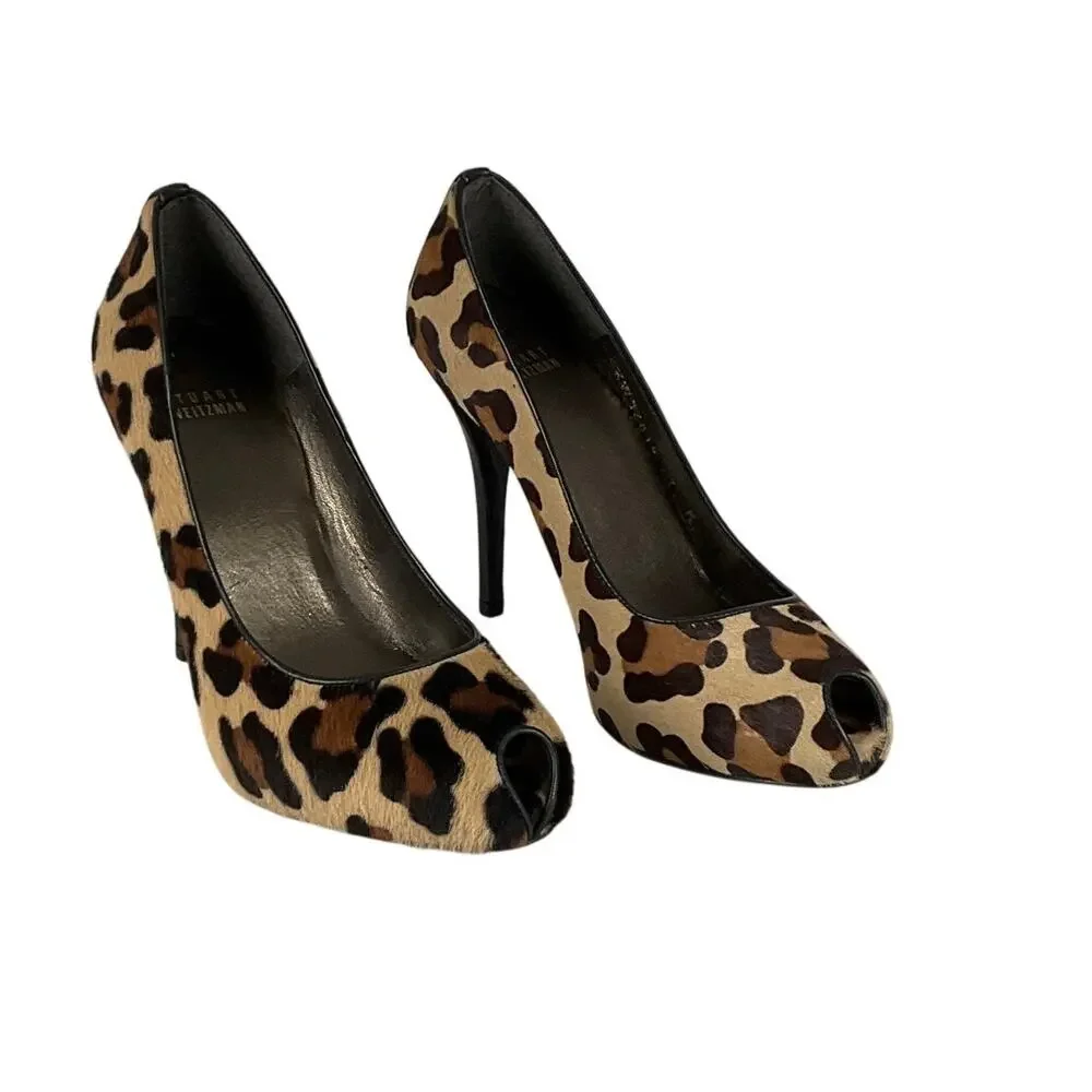 STUART WEITZMAN Stiletto Pump Pipespy Peep Toe Leopard Calf Hair BRAND NEW sz 7